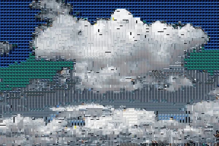 Mosaic-like image of clouds made of server and data centre components.