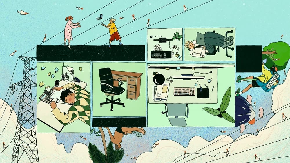 Illustration: people in office cubicles next to people working from different places, digitally connected.
